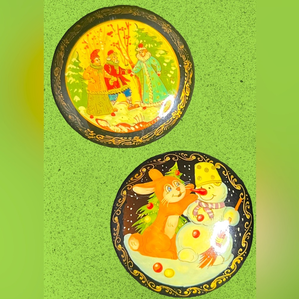 Vintage Pair Hand Painted Russian Christmas Pin Brooches. Estate Find